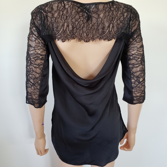 BCBGMaxAzria Black Satin Lace Hi Lo Top Blouse XS Goth Whimsygoth - Picture 3 of 5
